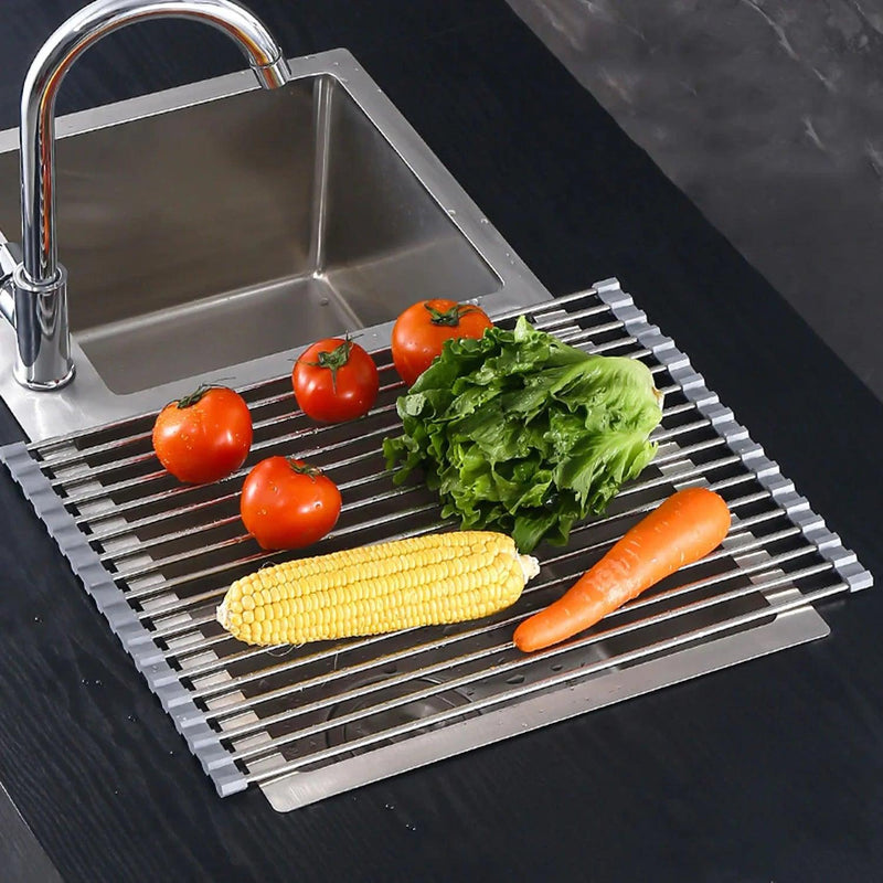 Stainless Steel Kitchen Foldable Kitchen Sink Drying Roller Drying Rack - Urbanih.