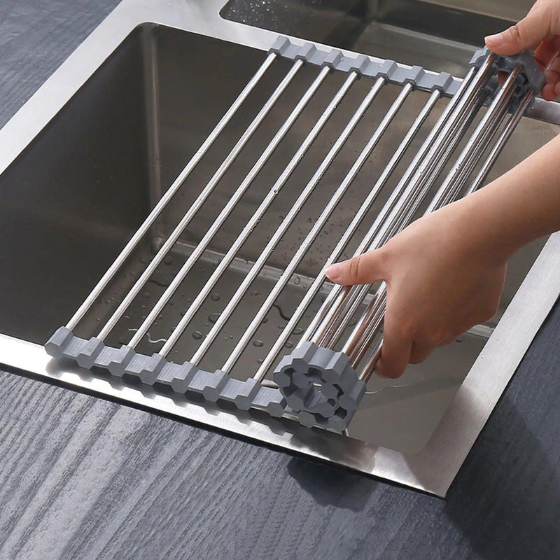 Stainless Steel Kitchen Foldable Kitchen Sink Drying Roller Drying Rack - Urbanih.